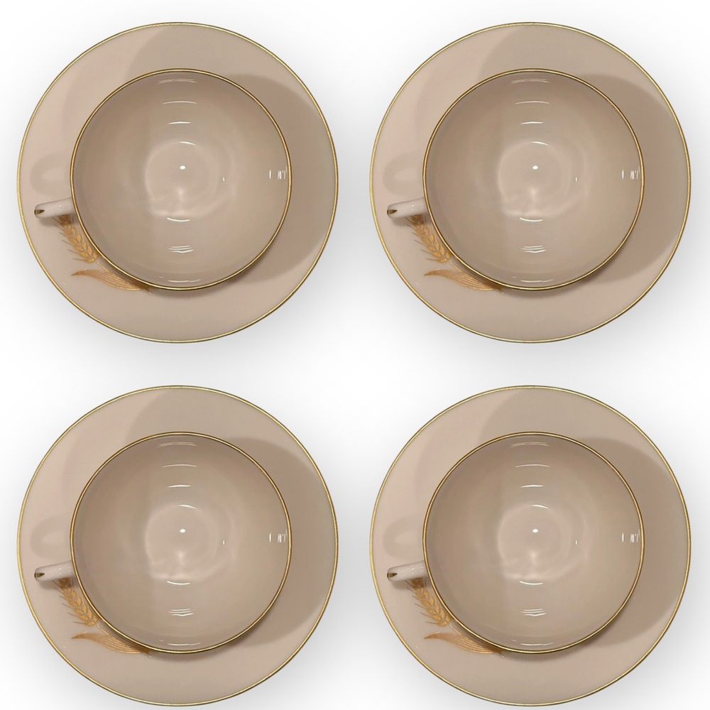 Four (4) Lenox Flat Tea Cup & Saucers Set Wheat R442 24K Gold Trim Bone China - Picture 2 of 10